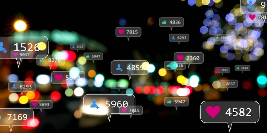A social media addiction lawsuit is being represented by social media likes and follower icons.